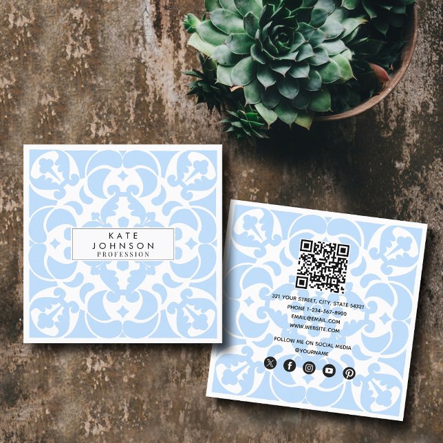  Blue Azulejos Portuguese Spanish Mediterranean Square Business Card (Blue Azulejos Portuguese Spanish Mediterranean Square Business Card)