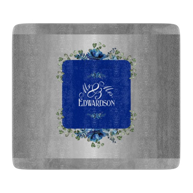 Blue Azure Bloom: Metallic Silver Floral  Cutting Board (Front)
