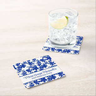 Blue Azure Floral Pattern Chic Birthday Party Square Paper Coaster
