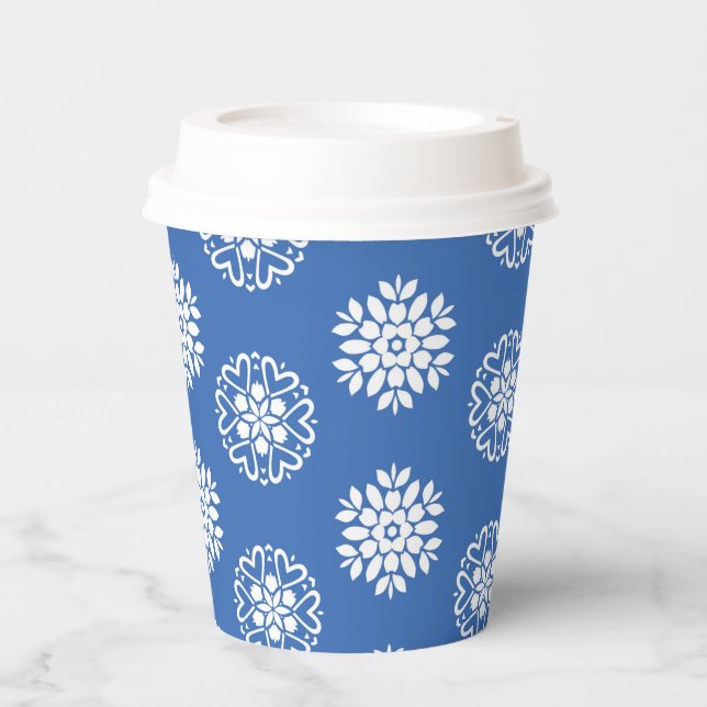 Blue Azure Mediterranean Tiles Pattern Paper Cups (Front)