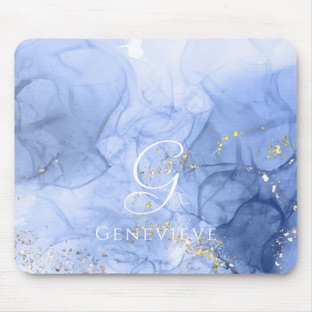 Blue Azure Watercolor Alcohol ink Customisable Mouse Mat (Front)