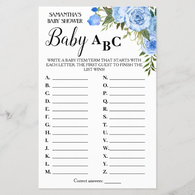 Blue Baby ABC bilingual baby shower game card (Front)