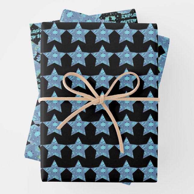 Blue Baby Alien Stars and Planets Patterns Wrapping Paper Sheet (In situ)