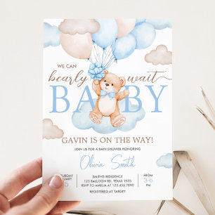 Blue Baby Bear Balloon Baby Shower Invitation