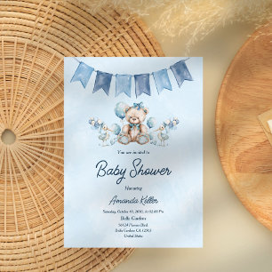 Blue Baby Bear & Balloons Baby Shower Invitation