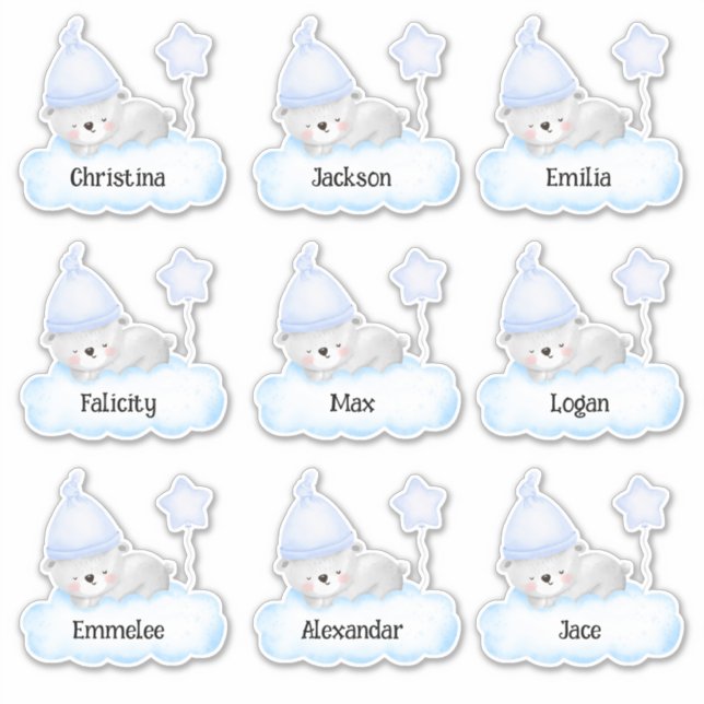Blue Baby Bear Custom Multiple Name Stickers (Front)