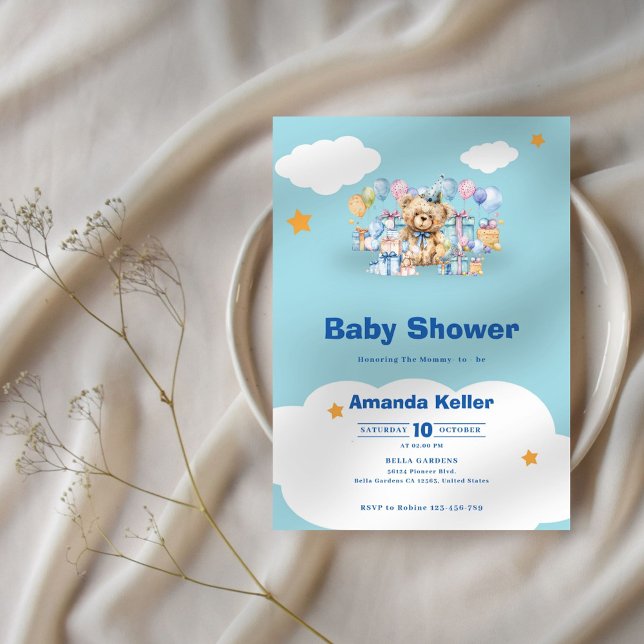 Blue Baby Bear in the Clouds Baby Shower Invitation (Creator Uploaded)