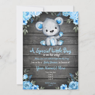 Blue Baby Bear Shower invitation rustic Invitation
