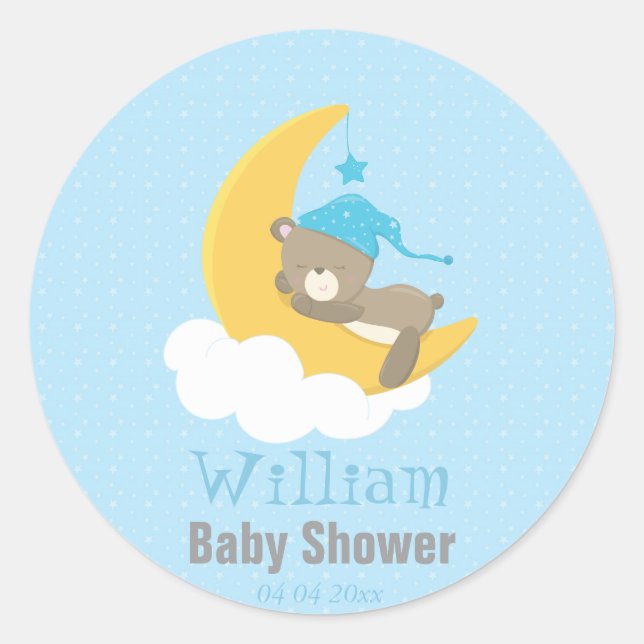 Blue Baby Bear Sleeping On The Moon - baby shower Classic Round Sticker (Front)