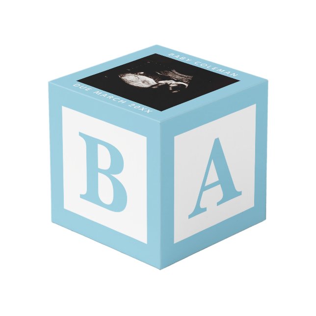 Blue Baby Block Sonogram Pregnancy Keepsake Photo Cube (Front Angled)