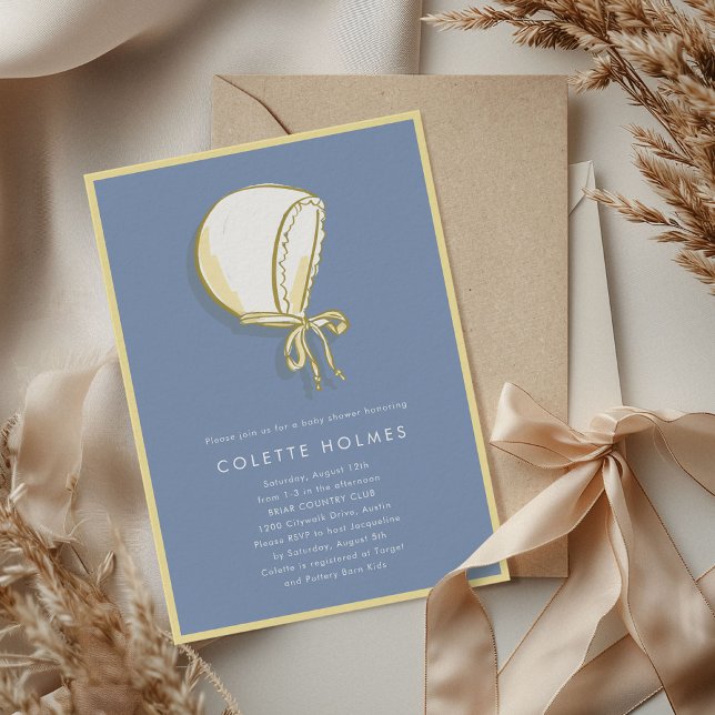 Blue Baby Bonnet Baby Shower Invitation (Blue and Yellow Baby Bonnet Illustrated Baby Shower Invitation)