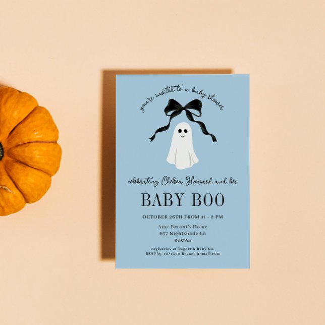 Blue Baby Boo Ghost Halloween Baby Shower Invitation (baby blue halloween baby shower invitation welcomes the little boo that's almost due with a ghost)