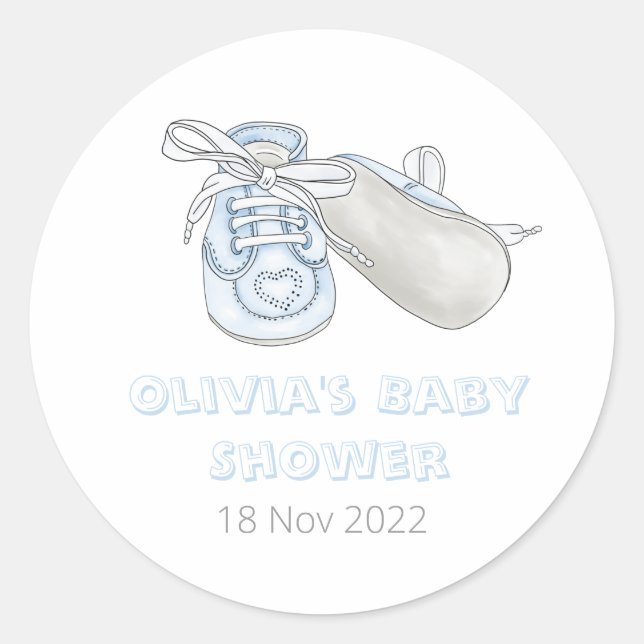 Blue Baby Bootie Watercolor Baby Shower Classic Round Sticker (Front)