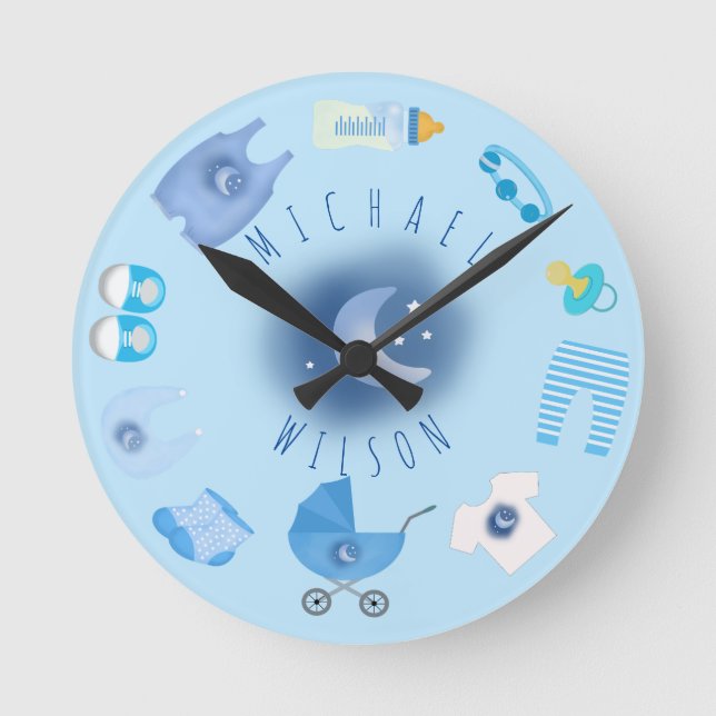 Blue Baby Boy Baby Stuffs Name Wall Clock (Front)