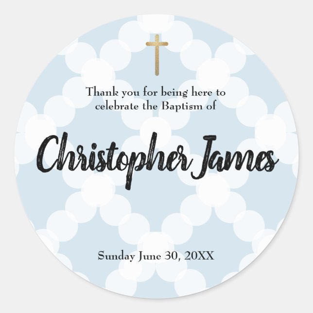 Blue Baby Boy Baptism Christening Round Thank You Classic Round Sticker (Front)
