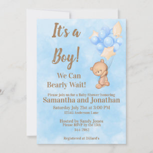 Blue Baby Boy Bearly Wait Teddy Bear Baby Shower Invitation