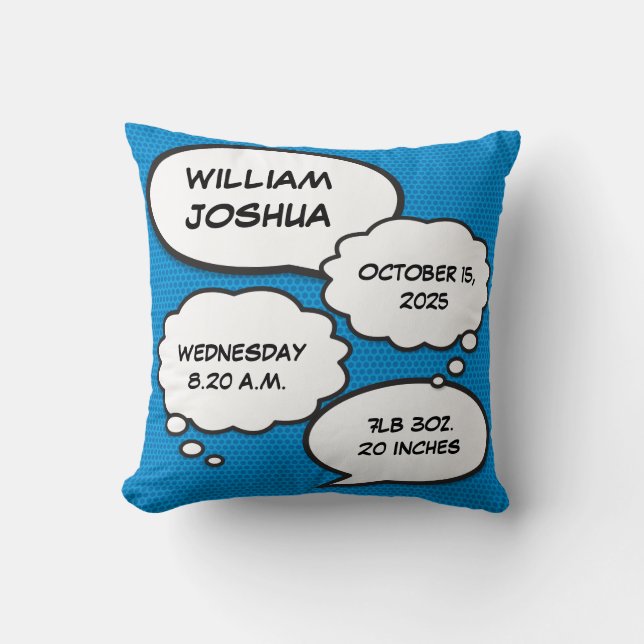 Blue Baby Boy Birth Stats Fun Comic Book Keepsake Cushion (Front)