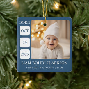 Blue Baby Boy Birth Stats Photo Ornament Keepsake