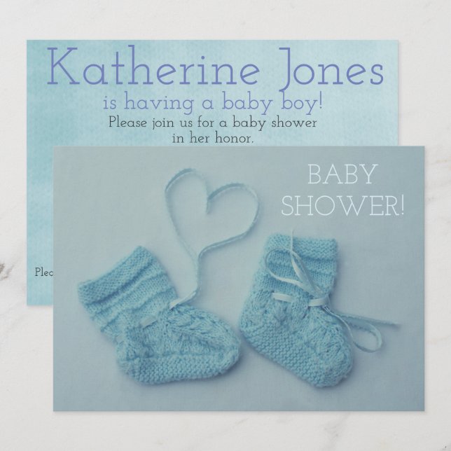 Blue baby boy booties photo shower invitation (Front/Back)