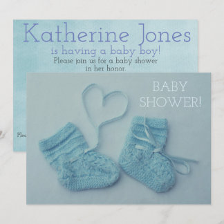 Blue baby boy booties photo shower invitation