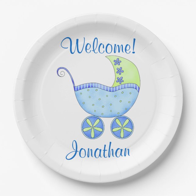 Blue Baby Boy Buggy Welcome Name Personalised Paper Plate (Front)