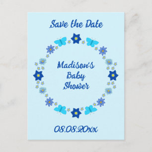 Blue Baby Boy Butterflies and Flower Save the Date Postcard