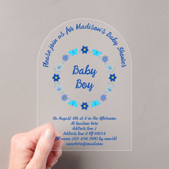 Blue Baby Boy Butterflies and Flowers Baby Shower Acrylic Invitations (Insitu (Handheld))