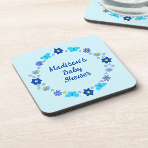 Blue Baby Boy Butterflies and Flowers Baby Shower Coaster