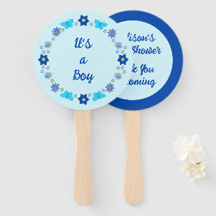 Blue Baby Boy Butterflies and Flowers Baby Shower Hand Fan