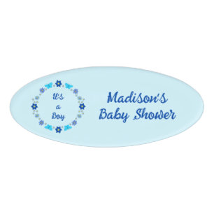 Blue Baby Boy Butterflies and Flowers Baby Shower Name Tag