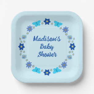 Blue Baby Boy Butterflies and Flowers Baby Shower Paper Plate