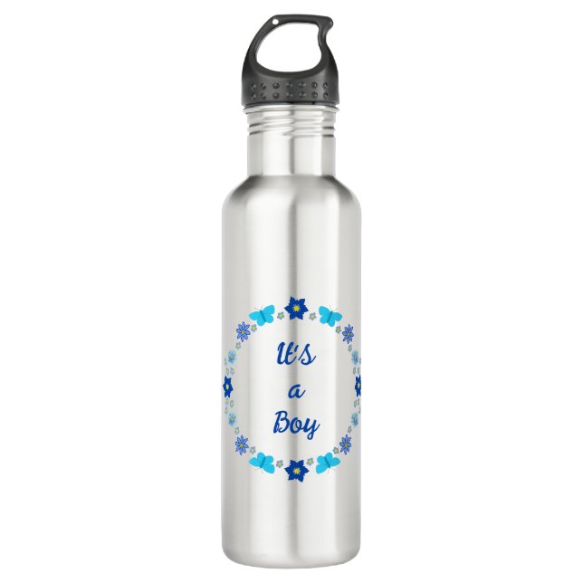 Blue Baby Boy Butterflies and Flowers Custom 710 Ml Water Bottle (Front)