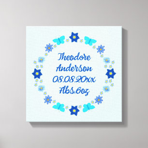 Blue Baby Boy Butterflies and Flowers Custom Birth Canvas Print
