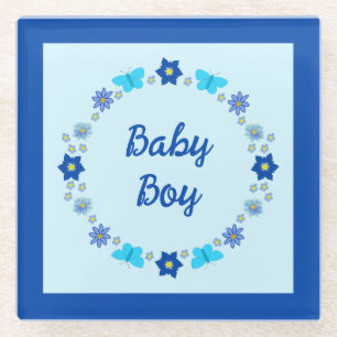 Blue Baby Boy Butterflies and Flowers Custom Glass Coaster