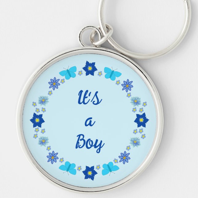 Blue Baby Boy Butterflies and Flowers Custom Key Ring (Front)