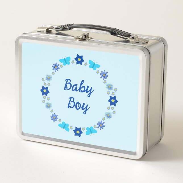 Blue Baby Boy Butterflies and Flowers Custom Metal Lunch Box (Front)