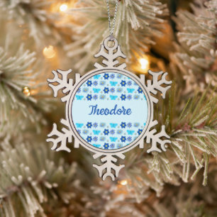 Blue Baby Boy Butterflies and Flowers Custom Name Snowflake Pewter Christmas Ornament