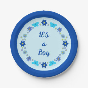 Blue Baby Boy Butterflies and Flowers Custom Paper Plate