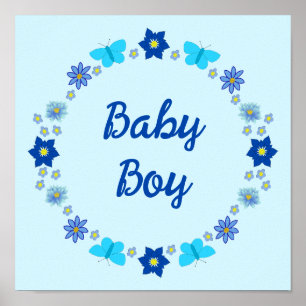 Blue Baby Boy Butterflies and Flowers Custom Poster