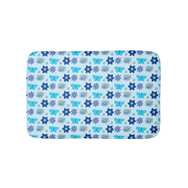 Blue Baby Boy Butterflies and Flowers Patterned Bath Mat (Front)