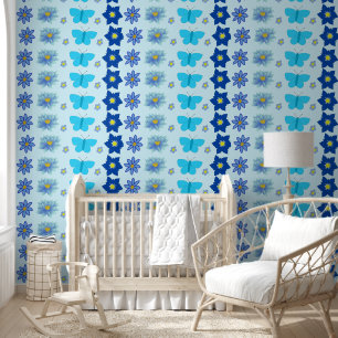 Blue Baby Boy Butterflies and Flowers Patterned Wallpaper