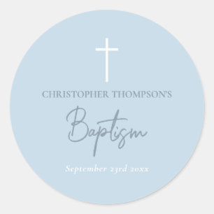 Blue Baby Boy Calligraphy Baptism  Classic Round Sticker