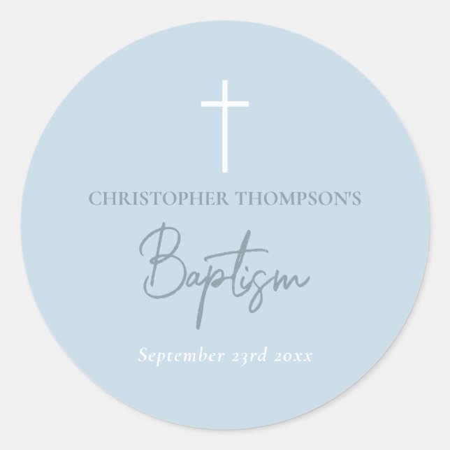 Blue Baby Boy Calligraphy Baptism  Classic Round Sticker (Front)
