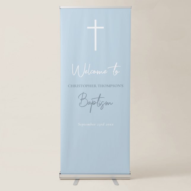 Blue Baby Boy Calligraphy Baptism Retractable Banner (Front)