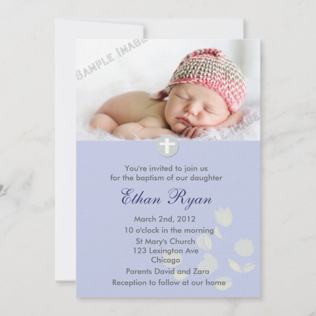 Blue Baby Boy Christening Invitation (Front)