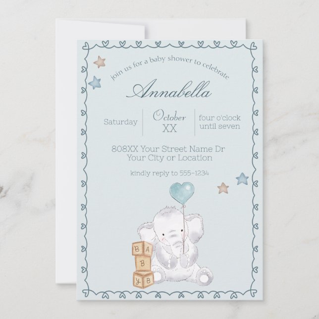 Blue Baby Boy Elephant and Balloon Watercolor Invitation (Front)