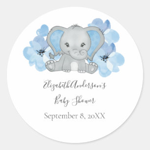 Blue Baby Boy Elephant Baby Shower Flowers Balloon Classic Round Sticker