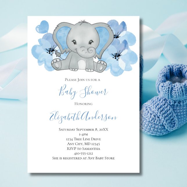 Blue Baby Boy Elephant Baby Shower Flowers Balloon Invitation (Baby Boy Blue Elephant Baby Shower Invitation. Printed or Instant Digital Download)