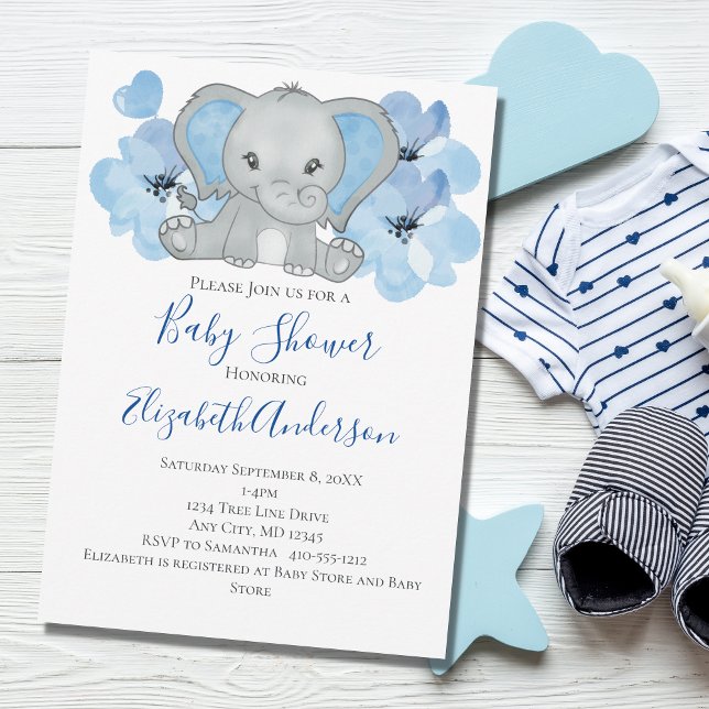 Blue Baby Boy Elephant Baby Shower Flowers Balloon Invitation (Creator Uploaded)