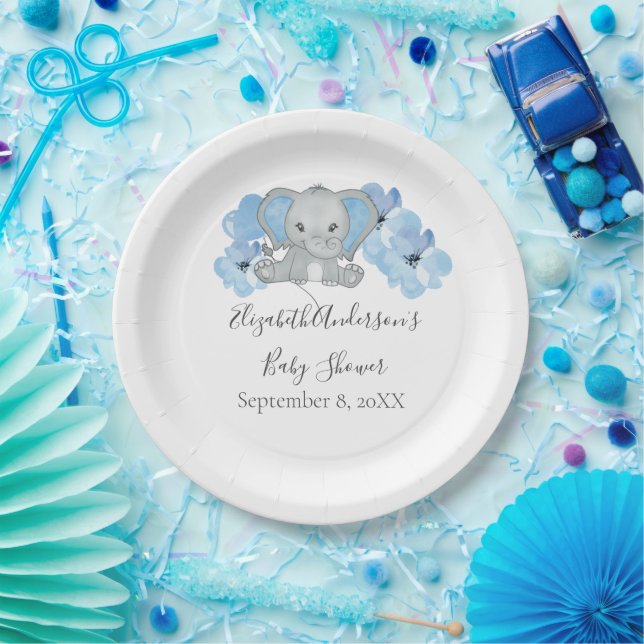 Blue Baby Boy Elephant Baby Shower Flowers Balloon Paper Plate (Party)